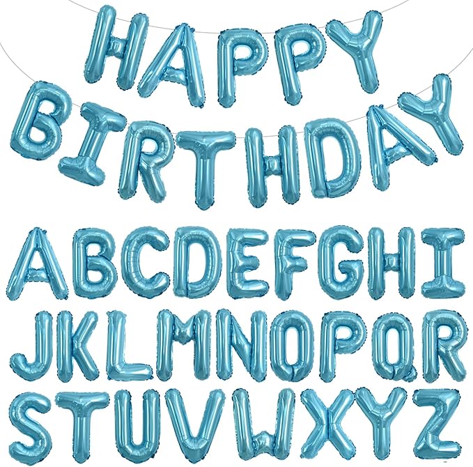 TONIFUL 65 Pcs 16 Inch Light Blue Happy Birthday Balloons and 2 Sets A-Z Foil Letters Balloons DIY Personalized Phrase Banner for Birthday Celebration Thanksgiving Christmas Party Decorations