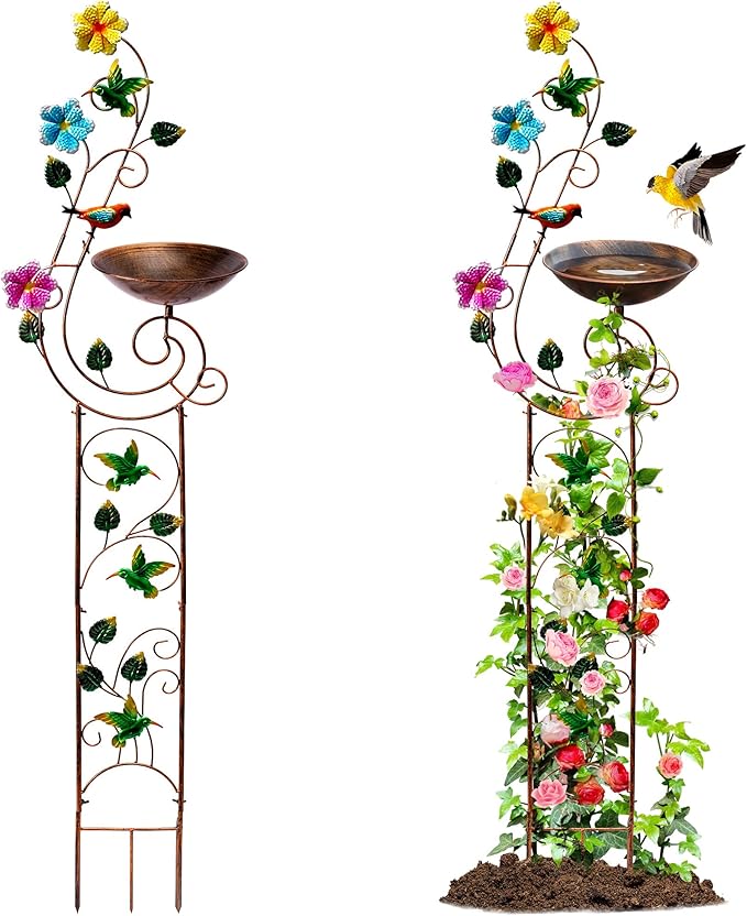 57" Height Metal Bird Bath with Trellis for Outdoor, Vintage Decorative Bird Baths, Small Garden Plant Support, Antique BirdBath for Climbing Plants with Detachable Iron Bowl (Hummingbird)