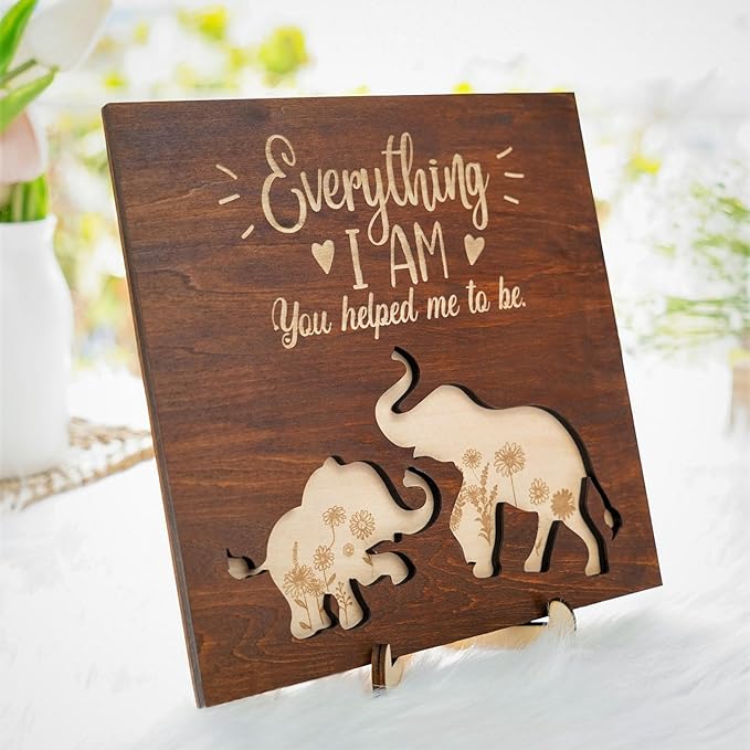 Elephant Wooden Frame Gifts for Mothers Day Mom Mama Elephant Sign Wall Decor Animal Plaque Father's Day Birthday Friendship Family Christmas Gifts for New Mom Nana Grandma from Son, Daughter HF88