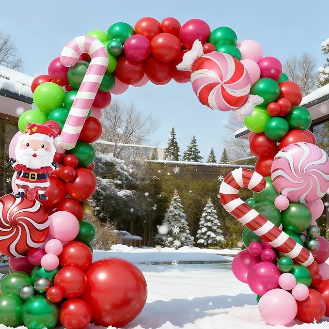 FunHot Christmas Balloon Arch Kit, Xmas Fruit Green Pink Balloon Garland, Hot Pink Red Metallic Green Latex Balloons with Candy Cane Santa Claus Windmill Foil Balloons for Christmas Party Decorations