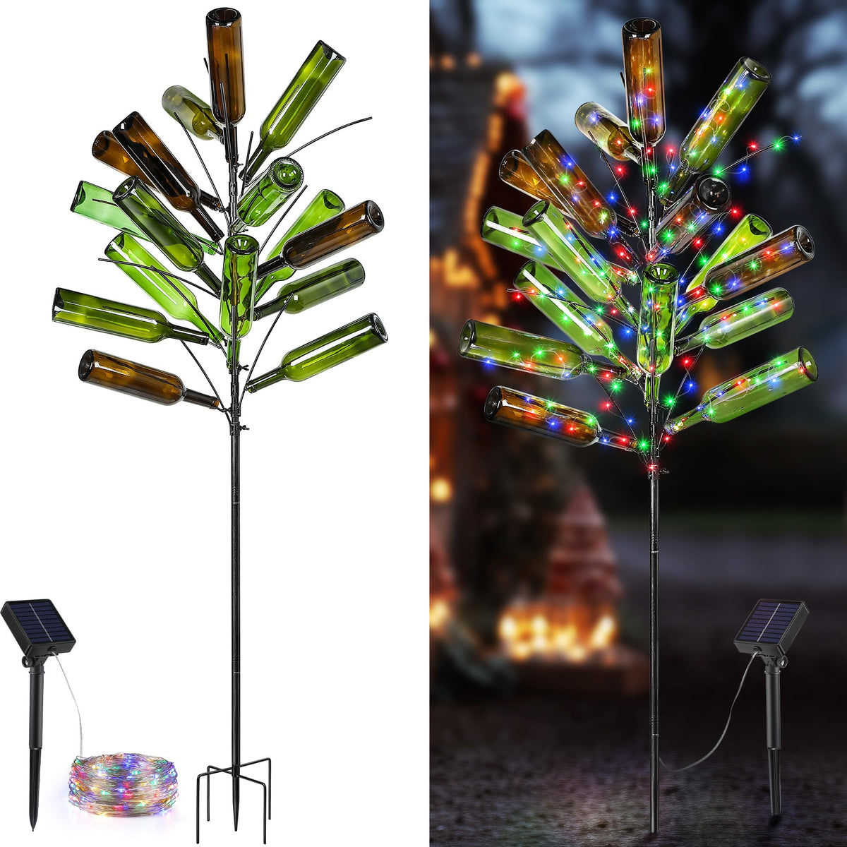 Meonum Solar Light Bottle Tree, 61" Metal Garden Sculpture for Yard & Patio Decor, Colorful Outdoor Wine Holder for Garden & Lawn Decoration, Holds 24 Glass Containers(Black)