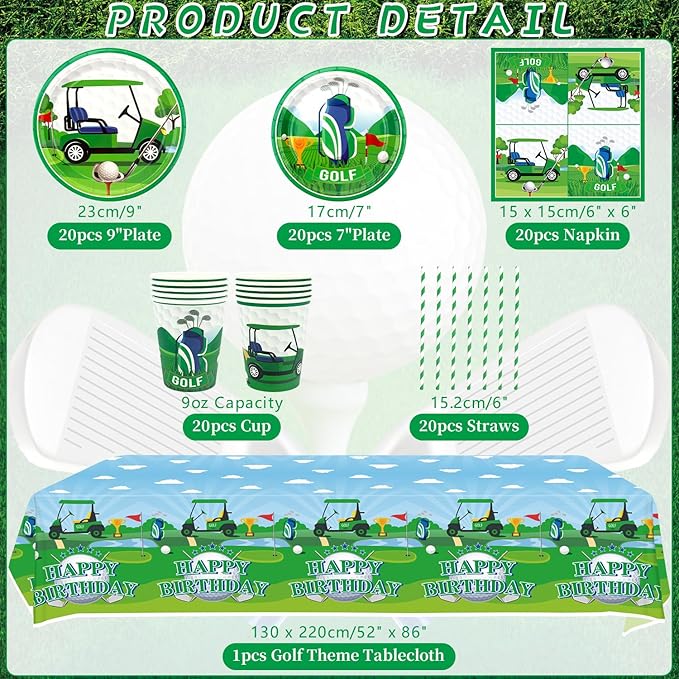 KEFAN Golf Birthday Party Decorations, Golf Theme Party Tableware Supplies including Plates, Cups, Napkins, Tablecloth, Serves 20 (20)