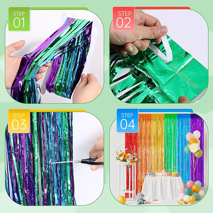 4Pack Rainbow Backdrop Curtains,13.2x8.3ft Colofull Party Decorations, Metallic Tinsel Backdrop Fringe Curtains Party Streamer, Rainbow Streamers Party for Wedding Birthday Engagement Decors