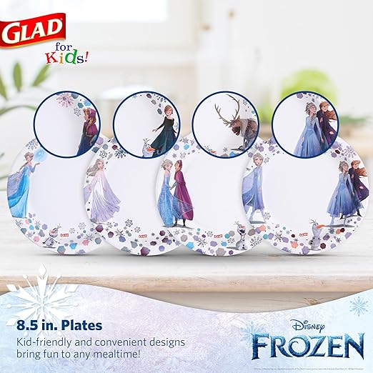 Glad for Kids Disney Frozen Disposable Paper Plates, Anna and Elsa - Heavy Duty, Soak Proof, Microwavable, Kid-Friendly Snack Plates for Everyday Use, 8.5 Inch, 40 Count