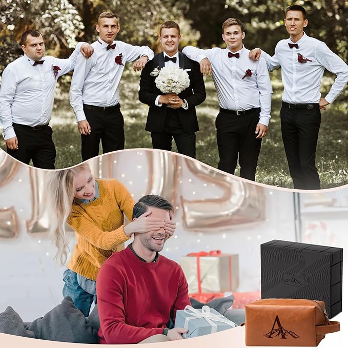 Personalized Gifts Travel Toiletry Bag for Men Engraved Initial PU Leather Waterproof Shaving Bag for Toiletries Accessories Fathers Day Birthday Gift for Men Dad Husband Son, Light Brown N