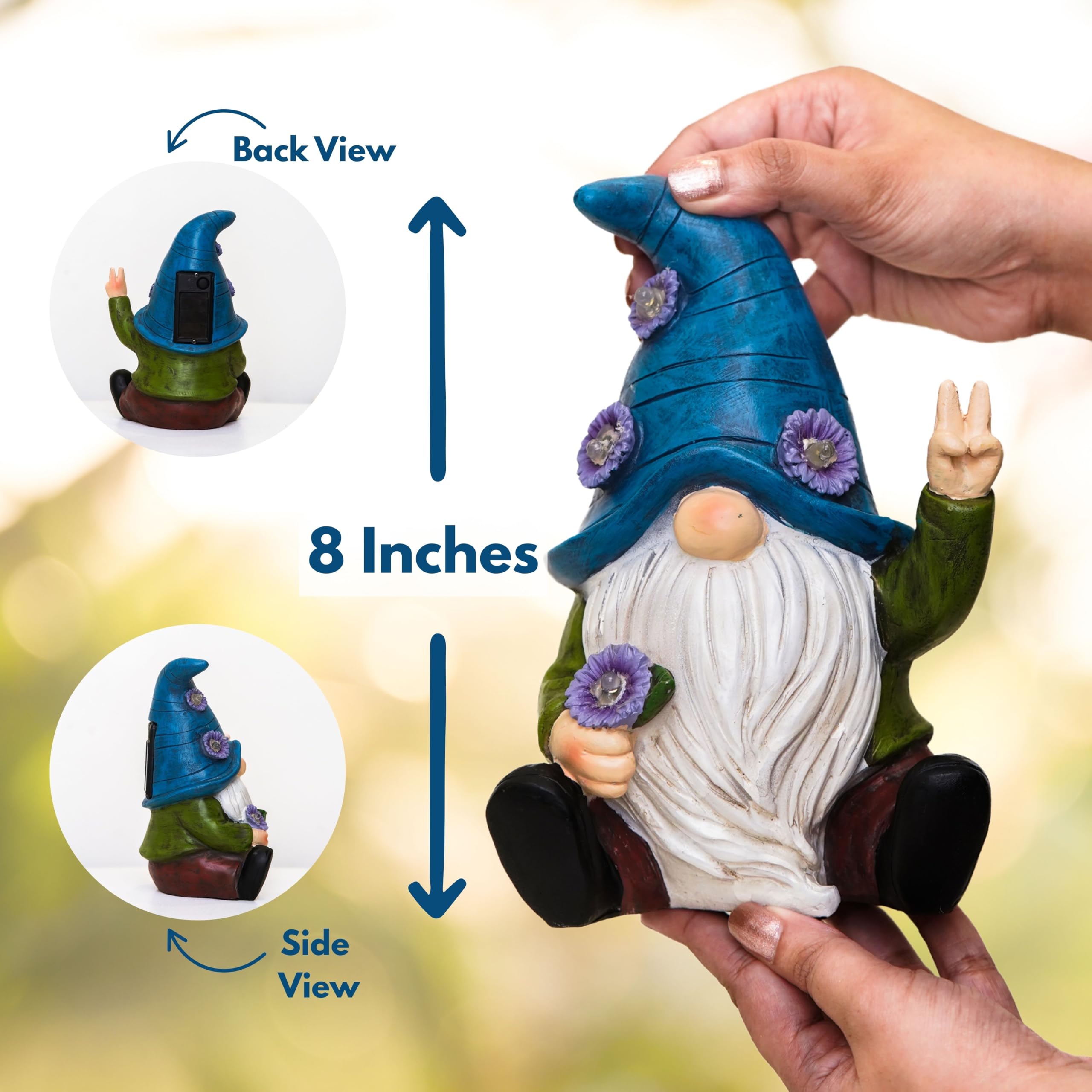 IMPECCABLE GOODS Peace Gnome Garden Statue - Original Design - Blue Peace Gnome Design for Yard, Lawn, Patio, Porch - Garden Decoration - Solar Light - Mom - Grandmother Outdoor Decor & Unique
