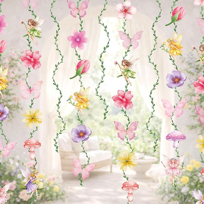 Fairy Birthday Party Garlands, Ready to Hang Fairy First Birthday Decorations with Double Sided Flowers Butterflies and Green Vines for Fairy Baby Shower, Girls Birthday and Garden Party