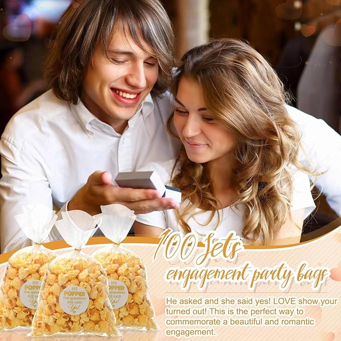 AIOMOB 100 Pack He Popped the Question Popcorn Bags Engagement Party Favors Decorations She Said Yes Sticker Clear Popcorn Favor Bags for Engagement Party Bridal Shower Wedding Supplies