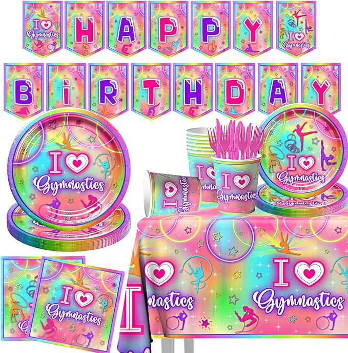 Gymnastics Party Decorations,142pcs Gymnastics Tableware Set I Love Gymnastics Plates Cups Neon Glow Gymnast Table Covers Happy Birthday Banner for Gym Theme Birthday Party Baby Shower