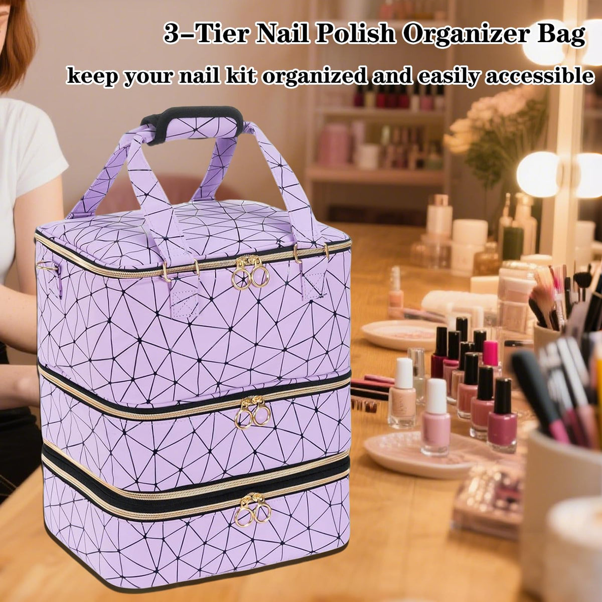 Sonhomay Nail Polish Organizer Bag, 3-Tier Nail Storage Organizer Holds 84 Bottles Nail Polish Nail Lamp Detachable Bottom Layer for Salon & Home Use(Pink)