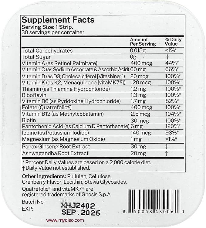 DISO - M-VIT - Fast-Dissolving Multivitamin Oral Strips, Cranberry Flavor, Vegan, Sugar Free, Gluten Free, Individually Wrapped, Maximum Absortption, 30 Dissolvable Strips