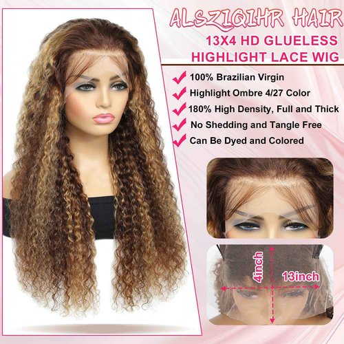 ALSZIQIHR 18 inch Water Wave P4/27 Highlight 13x4 HD Transparent Lace Front Wigs Ombre Human Hair Wet and Wavy Curly Glueless Lace Frontal Wigs Pre Plucked with Baby Hair 180% Density