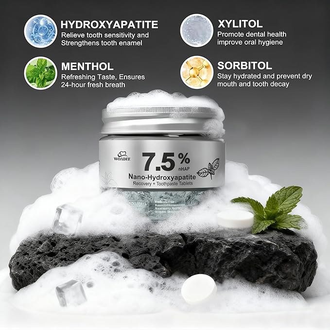 Woadee 7.5% Nano Hydroxyapatite Toothpaste Tablets - Remineralizing Enamel Repair, Fluoride-Free Whitening, Mint Fresh Travel Tabs (62 Count)