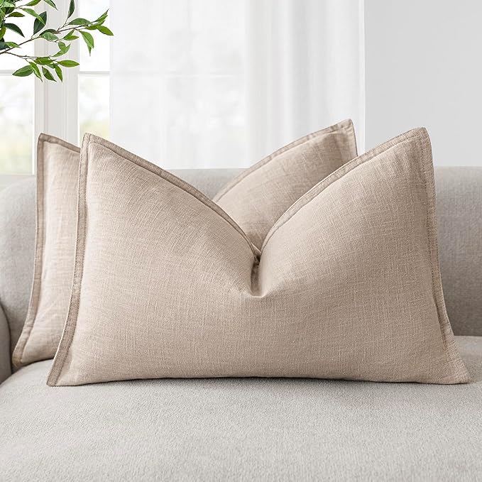 Foindtower Pack of 2, Decorative Linen Soild Throw Pillow Covers Accent Lumbar Cushion Case Boho Farmhouse Pillowcase for Chair Couch Sofa Bedroom Living Room Home Decor 12 x 20 Inch Tan Beige