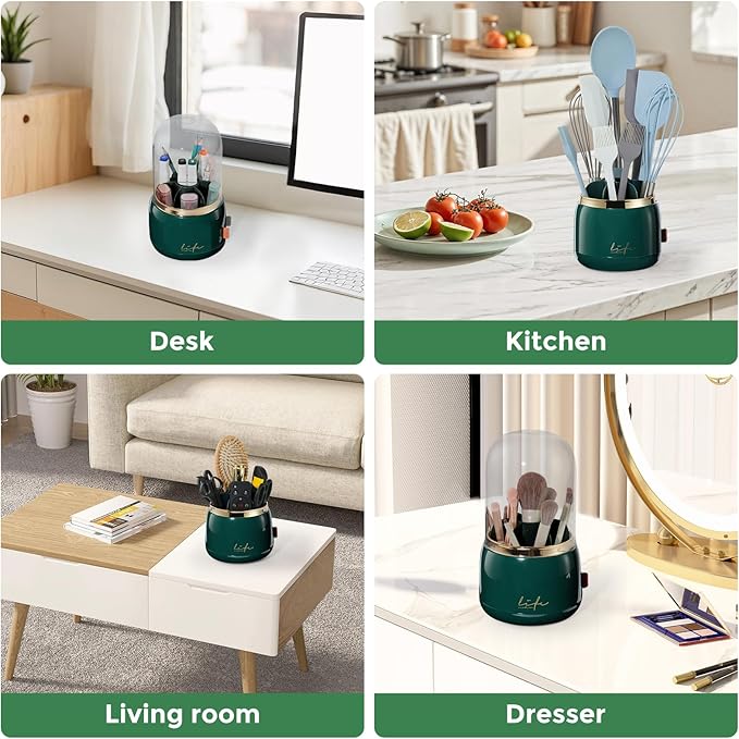 Toothbrush Holders for Bathrooms, Rotating 7 Slots Toothbrush Holder with Cover, Kids Electric Toothbrush and Toothpaste Holders for Caddy for Bathroom Vanity, Sink, Countertop, Dark Green