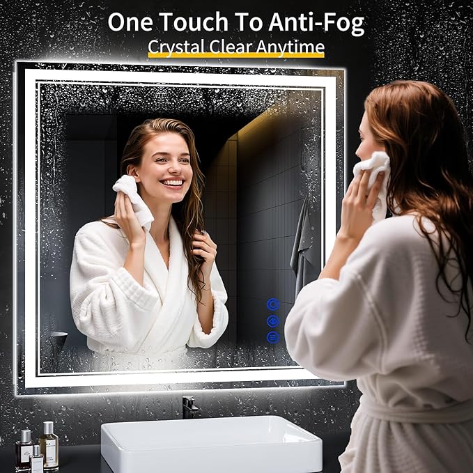 36"x36" LED Bathroom Mirror with Anti-Fog, Stepless Dimmable Lights, 3 Color Modes, Shatter-Proof Tempered Glass, Memory Function & Waterproof Design