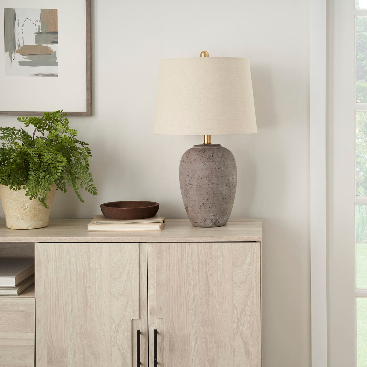 Nourison Home 23" Greyish Brown Earth Tone Rustic Farmhouse Ceramic Table Lamp for Bedroom, Living Room, Dining, Office, with Beige Linen Shade