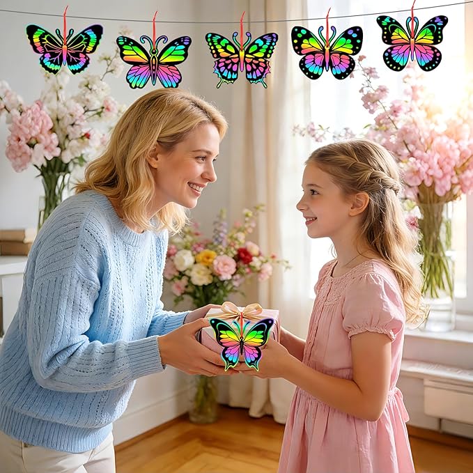JULMELON 36 PCS Butterfly Scratch Cards, Rainbow Scratch Paper with 12 Bamboo Stylus Scratch Art for Kids Butterfly Party Favors Kids Crafts Bulk for Classroom Games DIY Handmade Family Party Gifts