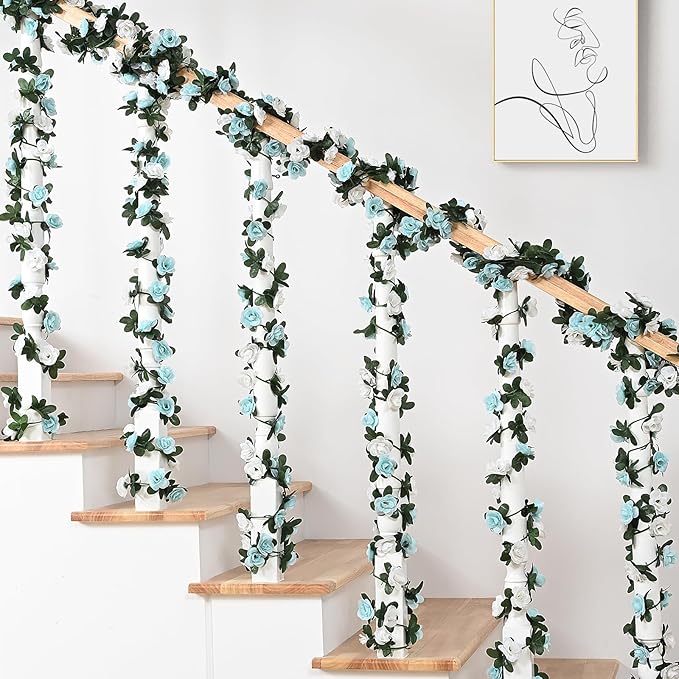 MARTINE MALL Flower Garland - 8 Strands 66Ft Rose Vines for Bedroom, Blue and White Rose Floral Garland for Room Birthday Wedding Party Garden Wall Decor