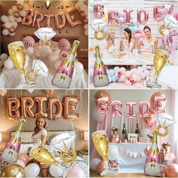9 Pcs Bride Balloons, Huge Rose Gold Champagne Bottle Goblet Aluminum Foil Balloons for Birthday, Bachelorette, Bridal Shower, Wedding, Anniversary, Engagement Party Decorations Supplies
