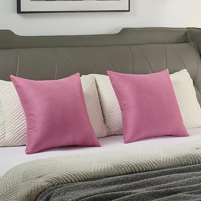 FUTEI Hot Pink Chenille Throw Pillow Covers 18x18 Inch Set of 2,Soft Wide Chevron Textured Cushion Case,Farmhouse Home Decor for Couch Bed Living Room