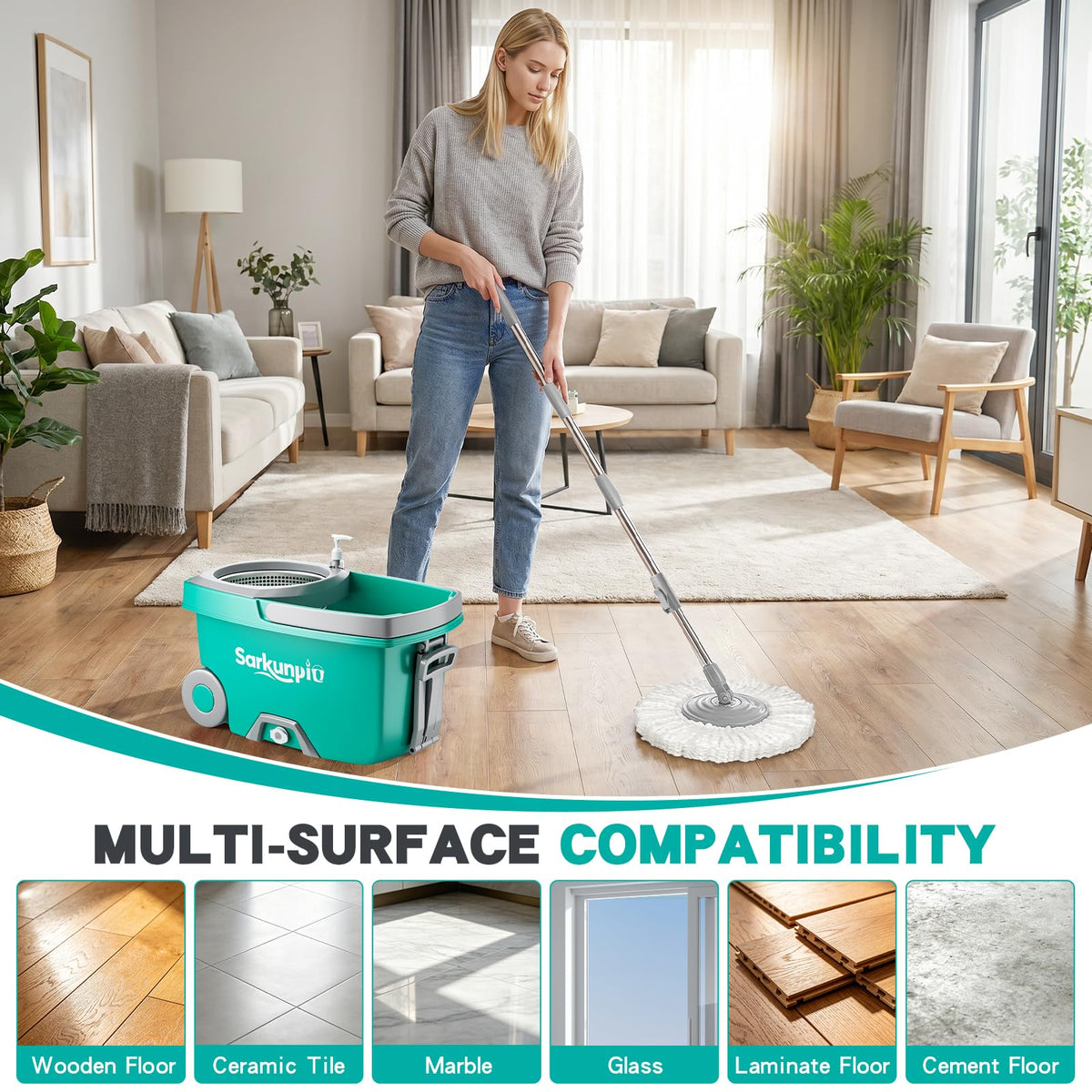 Sarkunpio Mop and Bucket Set with Wringer, Spin Mop Floor Cleaning System with 6 Replacement Microfiber Heads & 61" Extra-Long Handle for Home Floor, Blue