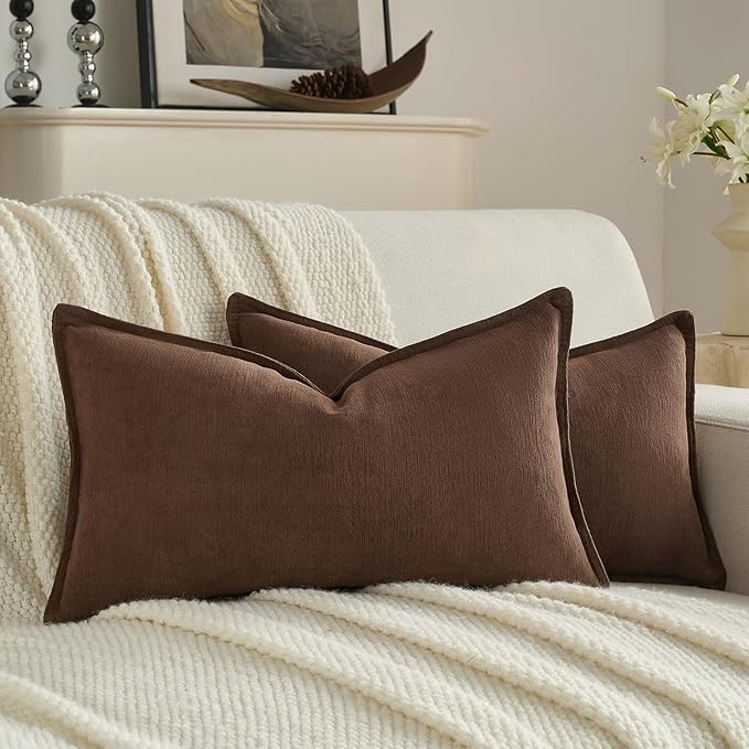 FUTEI Brown Chenille Throw Pillow Covers 12x20 Inch Set of 2,Edges Double-Stitched Lumbar Pillow Cases,Modern Home Decor for Couch Living Room