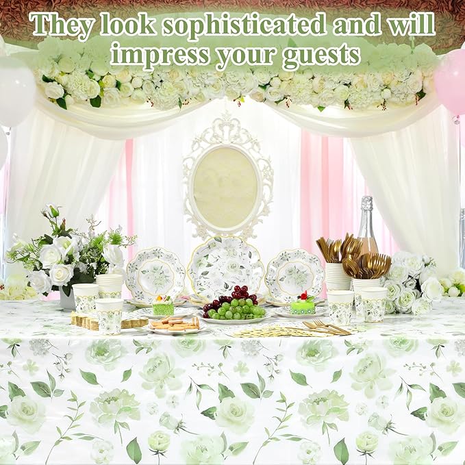 Pickmesh 194 Pcs Spring Floral Party Decoration for 24 Guest, Sage Green Paper Plates and Napkins Cups Tablecloth Cutlery Tea Party Tableware for Bridal Shower Wedding Garden Women Birthday Supplies