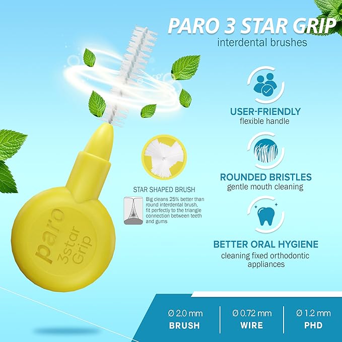 Paro Swiss 3Star-Grip Interdental Brushes – Xx-Fine, Triangular, Yellow, 2.5mm, 4x3 Pack – Deep Between Teeth Cleaning
