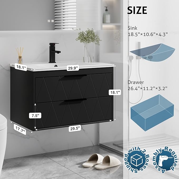 eclife 30" Bathroom Vanities Cabinet with Sink Combo, Wall Mounted Floating Cabinet W/Decor Line, Soft-Close System, 2 Extra Big Drawers, Matte Black Faucet, Black