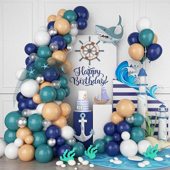 Ocean Theme Balloons Arch Kit, Sea Balloon Garland Arch Kit, Retro Sea Blue Apricot Silver Party Balloons for Ocean Voyage Shark Theme Birthday Party Decorations