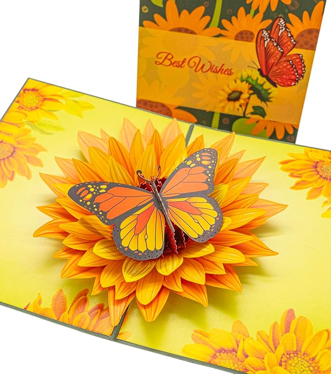 Flying Butterfly Pop Up Card, 3D Sunflower and Butterfly Birthday Popup Card for Valentines Day, Graduation, Anniversary, Thinking of You, Thank You, All Occasions