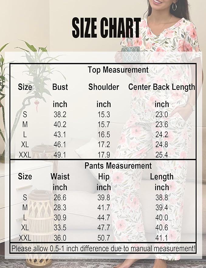 Ekouaer 2 Piece Womens Pajamas V Neck Short Sleeve Top and Long Pants Pjs Print Lounge Set Sleepwear