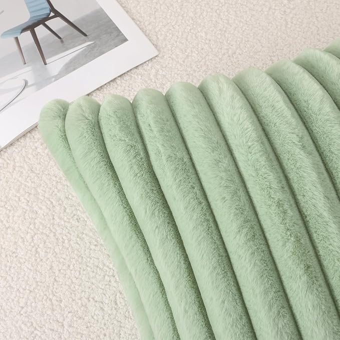 Pallene Faux Fur Plush Throw Pillow Covers 22x22 Set of 2, Luxury Soft Fluffy Striped Decorative Pillow Covers for Sofa, Couch, Living Room, Sage Green