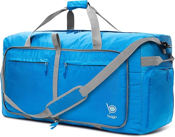 Bago Large Foldable Duffel Bags for Traveling Women & Men - 120L Packable Duffle Bag for Travel with Shoe Compartment - Water Repellant, Heavy Duty, Lightweight Folding & Collapsible (Blue)