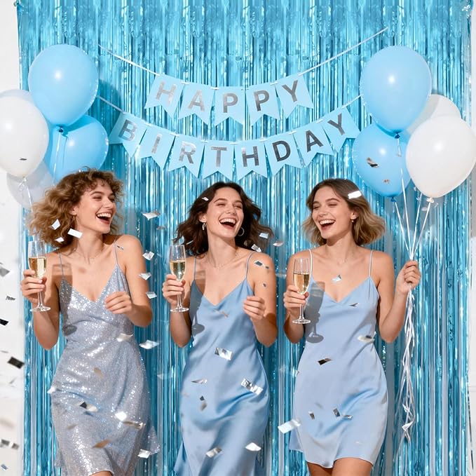 jijAcraft 3 Pack Light Blue Tinsel Foil Fringe Curtain, Party Photo Backdrop, Blue Background for Baby Shower Boy Birthday Ocean Themed Winter Wonderland Wedding Engagement New Year Decorations