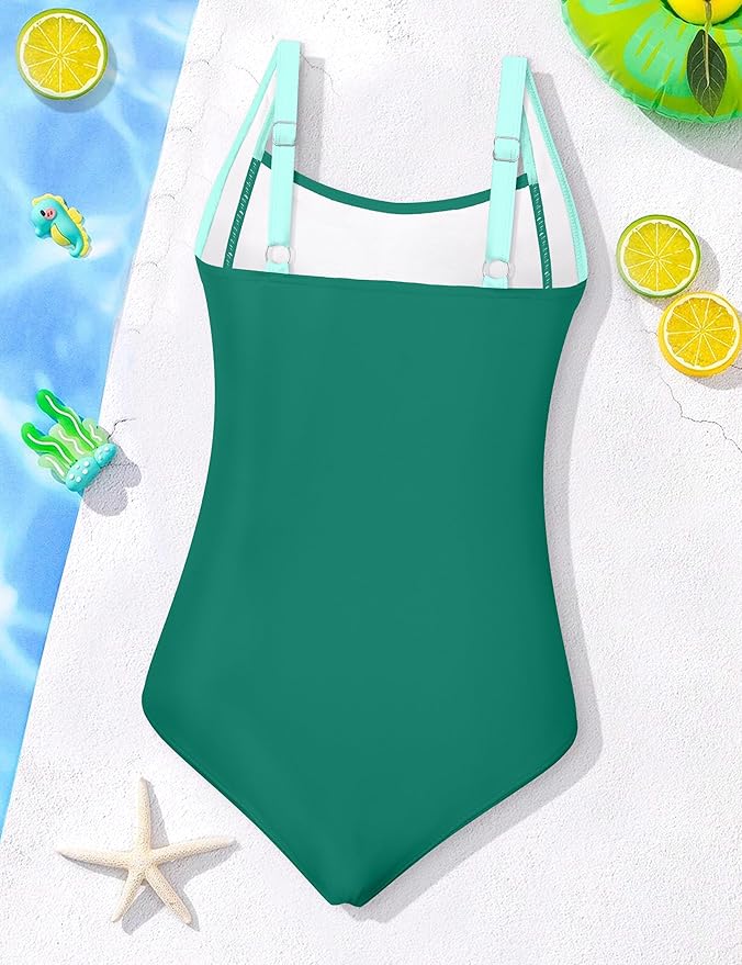 Girl Swimsuit One Piece Bathing Suit for Girls Solid Color Ruched Adjustable Straps Padded Swimwear 9-16y