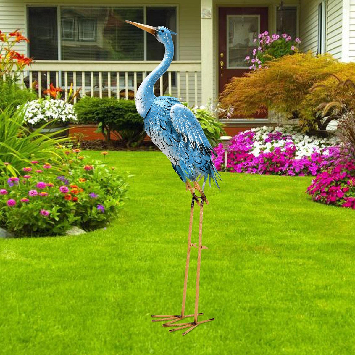 Nacome Large Standing Blue Metal Crane Garden Statue: Indoor Outdoor Heron Animal Sculpture for Patio Backyard Porch Yard Bird Art Lawn Decor - 36.6inch Gifts for Grandma Mom
