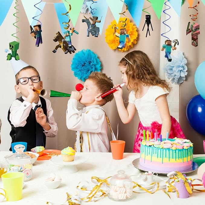 13 Pcs Pixel Game Theme Happy Birthday Decorations, Includes Happy Birthday Banner & Spiral Hanging Decorations, Ideal for Game Theme Birthday Party Decorations