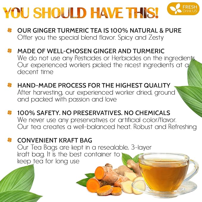FreshDrinkUS, Premium 45 Ginger Turmeric Tea Bags, 100% Natural Ingredients, Hand-made Blend of Ginger and Turmeric Herbal Tea, Eco-conscious Tea Bags. No Sugar, No Caffeine, No Gluten, Vegan.