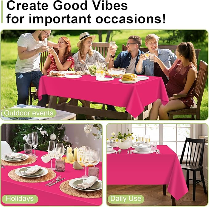 QIKSION Hot Pink Plastic Table Cloth Disposable 12 Pack, 54 x 108 Inch Tablecloths for Birthday Party, Valentines, Mothers Day Decorations, Rectangle Table Cover