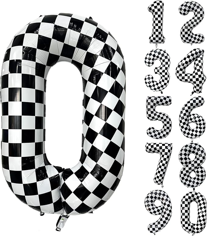 Checkered Balloon 0 Black and White Number Balloon 0 Foil Helium Balloons for Birthday Party Decoration Girls Boys Baby Shower Anniversary Decoration Race Car Party Decoration (Number 0)