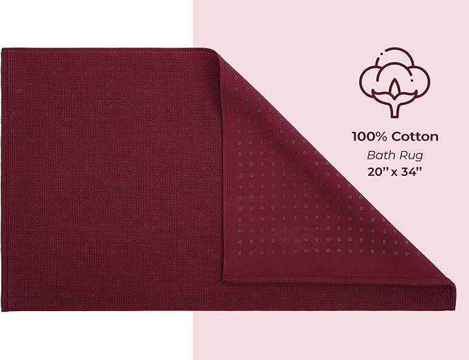American Soft Linen Bath Rug, 20 in 34 in 100% Cotton Bath Mats Rugs for Bathroom, Slip Reducer Washable Shaggy Form Area Rugs, Burgundy Red Bath Rug