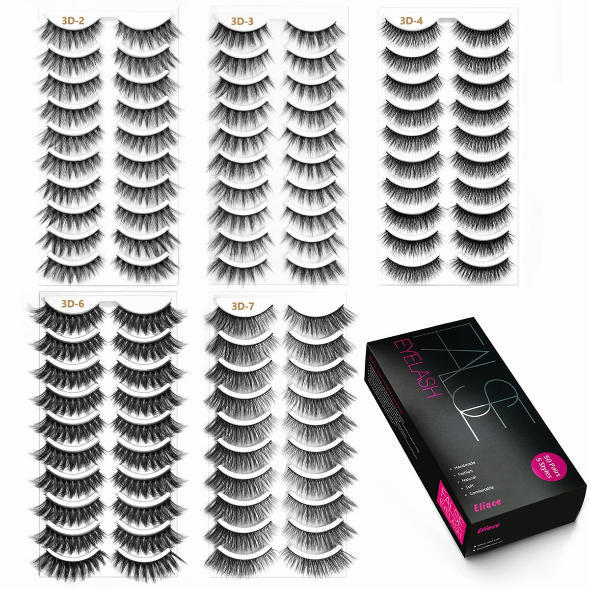 Eliace Eyelashes, 50 Pairs 5 Styles Wispy False Eyelashes Fake Eyelashes