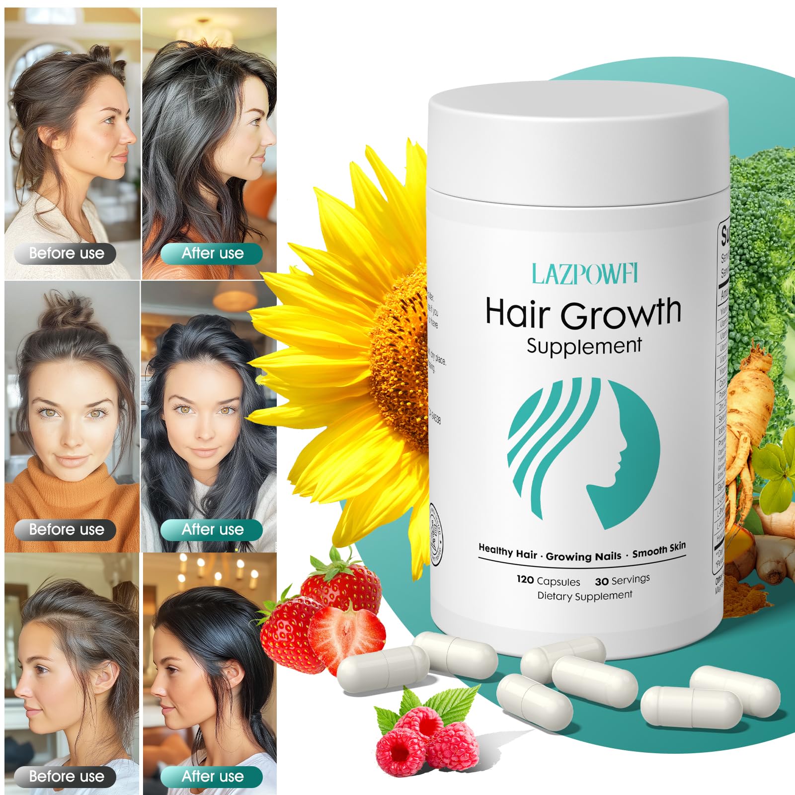 Lazpowfi Hair Growth Products, Biotin 10000mcg, 30-in-1 with Vitamin A, B3, C, D, E, Calcium, Hair Growth Supplement, Supports Hair & Nails Natural Growth Vitamins, for Women & Men - 30 Servings