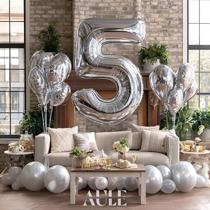 AULE 40 Inch Big Silver 5 Balloon Number Large Foil Helium Number Balloons 0-9 Jumbo Giant Happy 5th Birthday Party Decorations for Boy or Girl Huge Mylar Anniversary Party Supplies