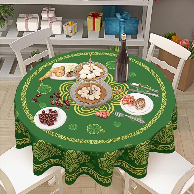 St. Patrick's Day Round Tablecloth 60 Inch Leaf Clover Pattern Circle Table Cloth Green Shamrock Table Cover Washable Polyester Indoor Decorations for Home Kitchen Dinning Party