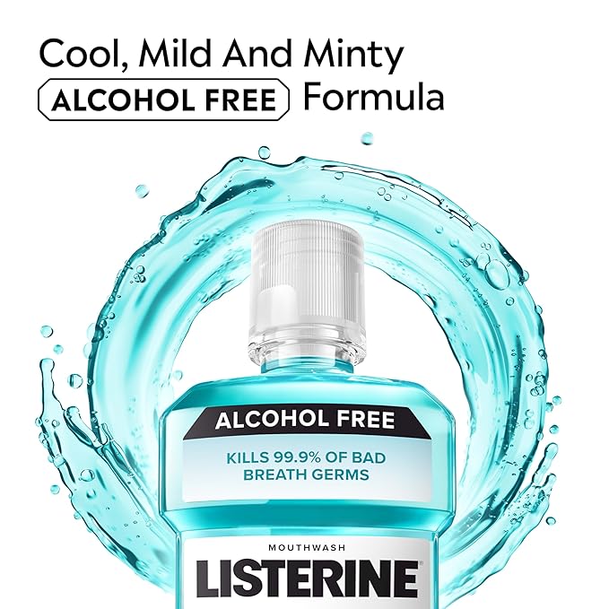Listerine Cool Mint Alcohol Free Mouthwash, Bad Breath Germ Killing, Bad Breath Treatment Oral Rinse for Adults; Cool Mint Flavor, 500 mL, 6 Pack