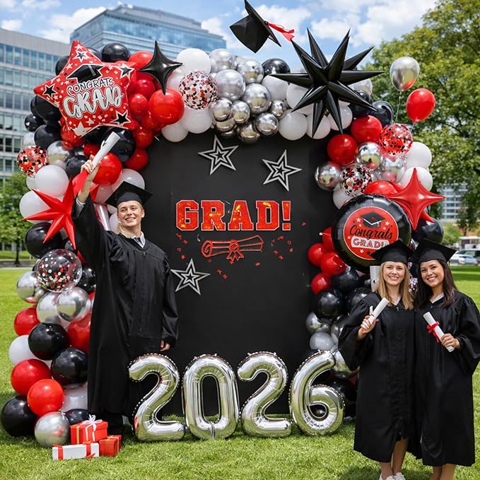 Red Black Graduation Balloon Arch Kit 2026 Graduation Decorations, Silver Number 2026 Balloons with Explosion Star Round Congrats Grad Foil Balloon for College High School Class of 2026 Grad Party