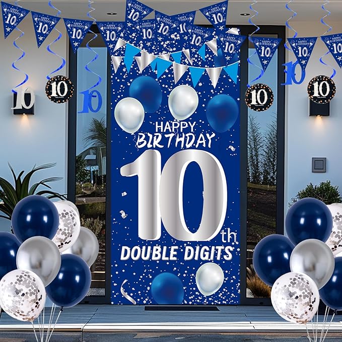 10th Birthday Decorations for Boys Girls, Blue Silver 10th Birthday Decorations Backdrop with Happy 10th Birthday Banner, Number 10 Hanging Swirls, Triangle Flag, 10 Years Old Party Decor Supplies